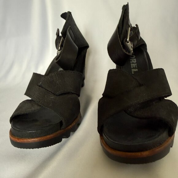 Sorel Joanie II Ankle Strap Wedge Sandals Black Leather Size 6.5 - Picture 2 of 7